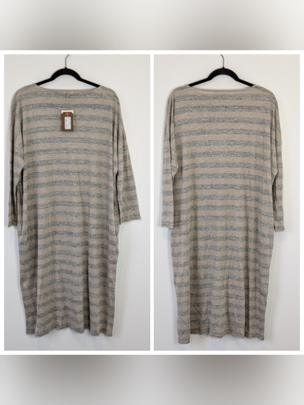 NEW Ichi Antiquites Striped 100% Linen Midi Dress Free Size Lagenlook Minimalist